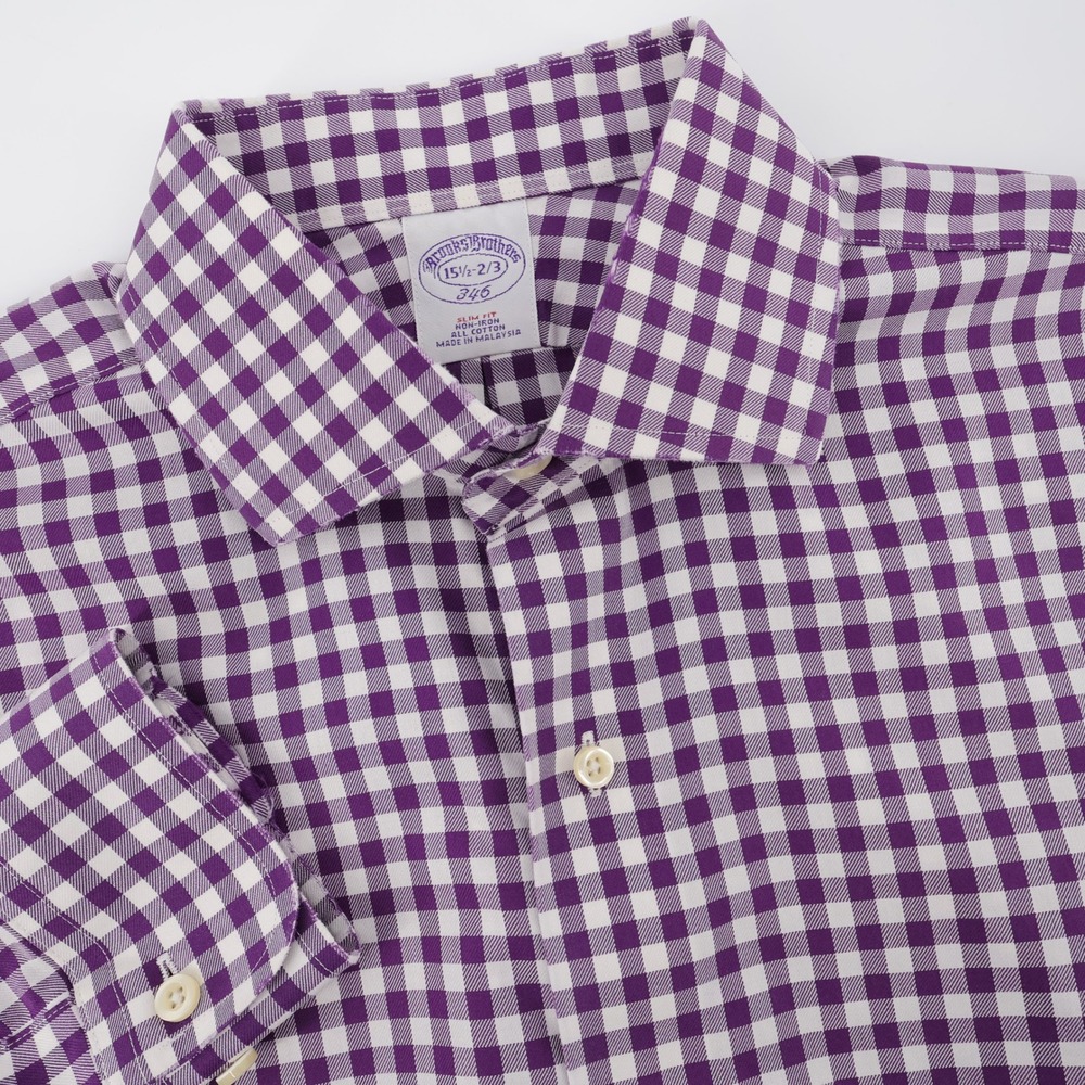 Brooks Brothers Gingham Dress Shirt Purple Long Sleeve Mens 15.5 2/3 FLAW